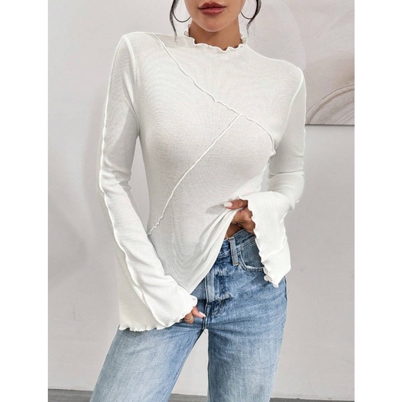 White Rib Knit Long Bell Sleeve Shirt, Lettuce Frill Trim, Stitches Outside - Picture 5 of 7